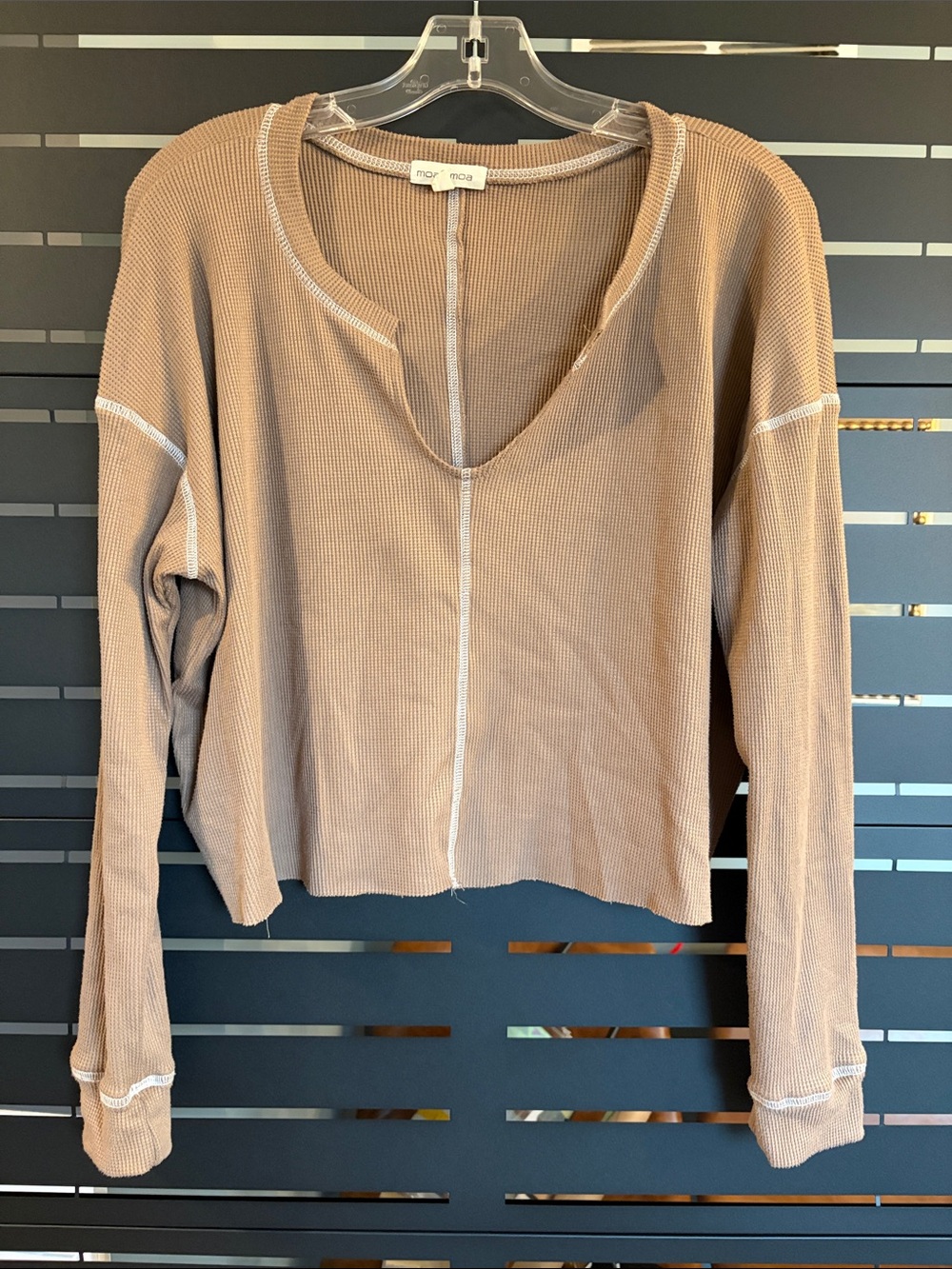 Moa Moa Taupe Waffle-Knit V-Neck Long Sleeve Top